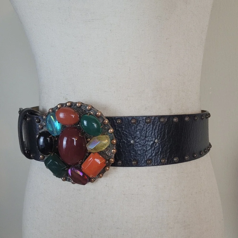 Leatherock Belt Med Black Leather Stone Buckle Colorful Ornate Statement Western
